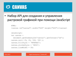 Canvas19.02.2011Ingate Development / TulaDev.NET21Набор API для создания и управления растровой графикой при помощи JavaScriptHTML:<canvas id="canvas"> width="600" height="600"></canvas>JavaScript:varcanvas =document.getElementyId('canvas').getContext('2d');canvas.rect( 25, 25, 550, 550 );canvas.fillStyle= '#FAFAA2';canvas.strokeStyle= '#000';canvas.lineWidth= 50;