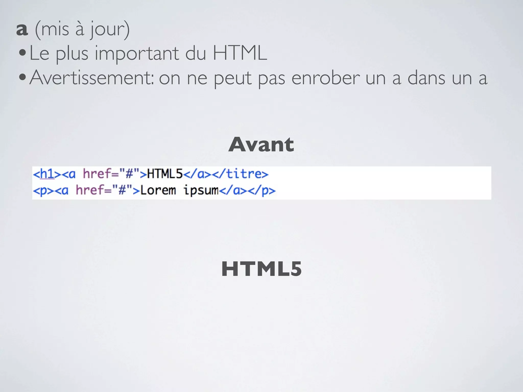 a (mis à jour)
•Le plus important du HTML
•Avertissement: on ne peut pas enrober un a dans un a

                       Avant




                      HTML5
 