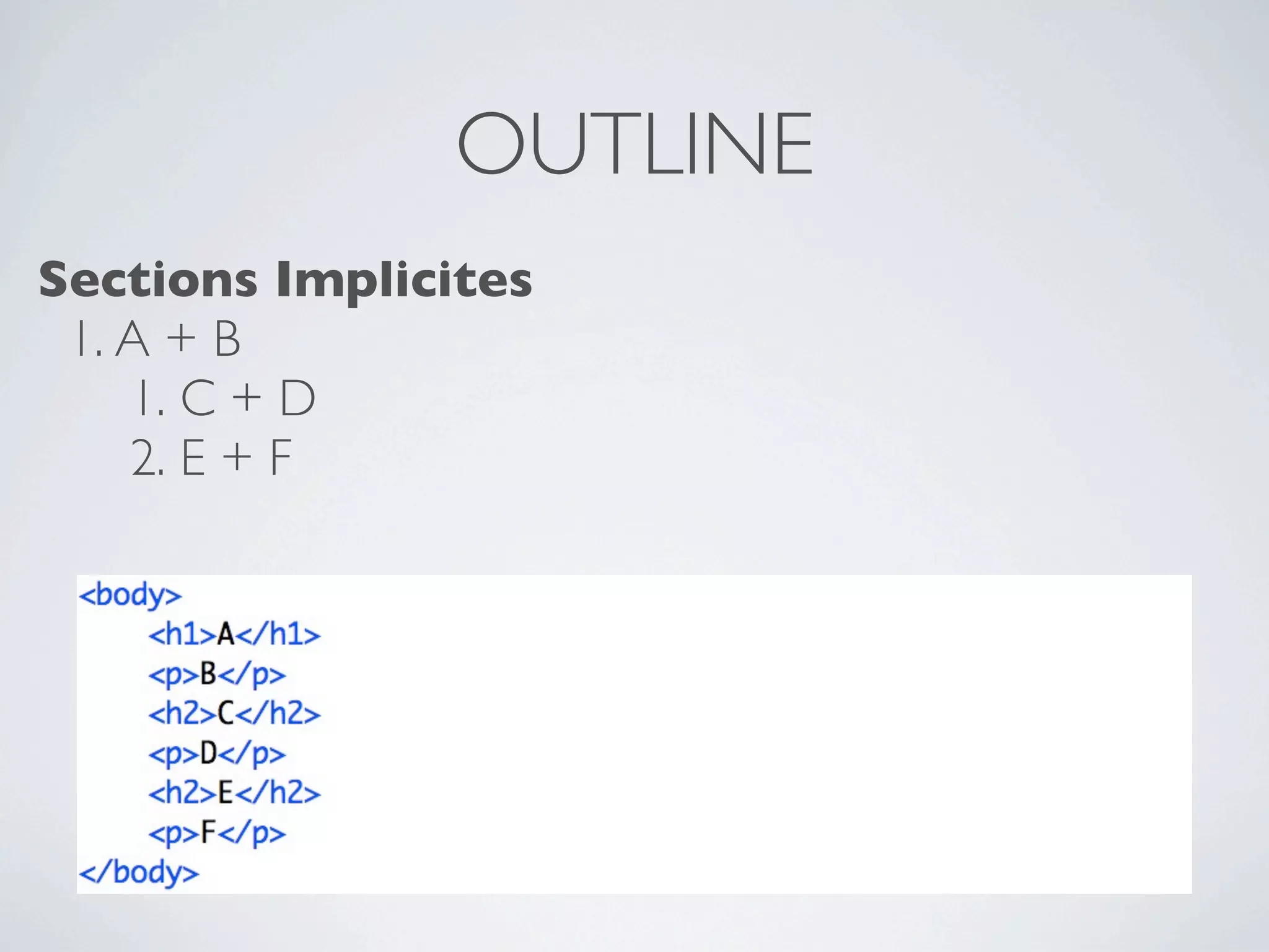OUTLINE
Sections Implicites
 1. A + B
    1. C + D
    2. E + F
 