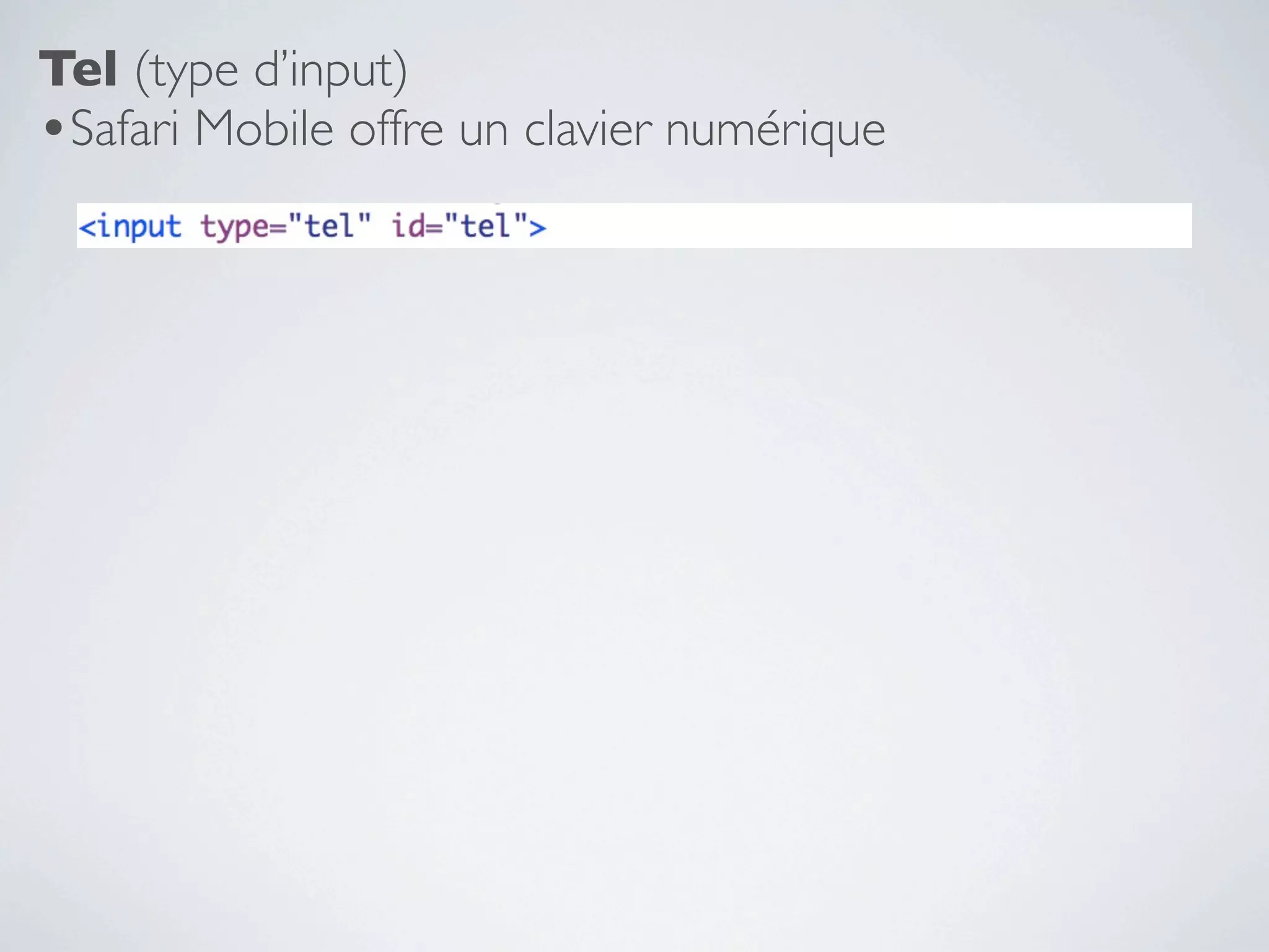 Tel (type d’input)
•Safari Mobile offre un clavier numérique
 