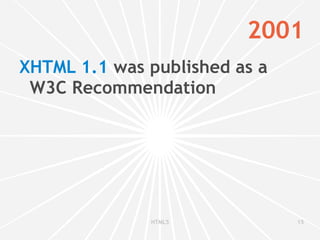1990 Tim published the first HTML specifications in a document called  HTML Tags 