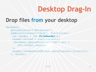 2D Canvas <canvas id="canvas" width="838" height="220"></canvas> <script>  var canvasContext =  document. getElementById("canvas"). getContext ("2d");  canvasContext. fillRect (250, 25, 150, 100);  canvasContext. beginPath ();  canvasContext. arc (450, 110, 100, Math.PI * 1/2, Math.PI * 3/2);  canvasContext. lineWidth  = 15;  canvasContext. lineCap  = 'round';  canvasContext. strokeStyle  = 'rgba(255, 127, 0, 0.5)';  canvasContext. stroke (); </script> 