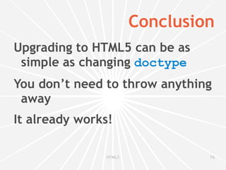 Web SQL Database var db = window. openDatabase ("DBName", "1.0", "description", 5*1024*1024); db. transaction (function(tx) { tx. executeSql ("SELECT * FROM test", [], successCallback, errorCallback); }); Deprecated! “ All interested implementors have used the same SQL backend (Sqlite), but we need multiple independent implementations to proceed along a standardization path.” 