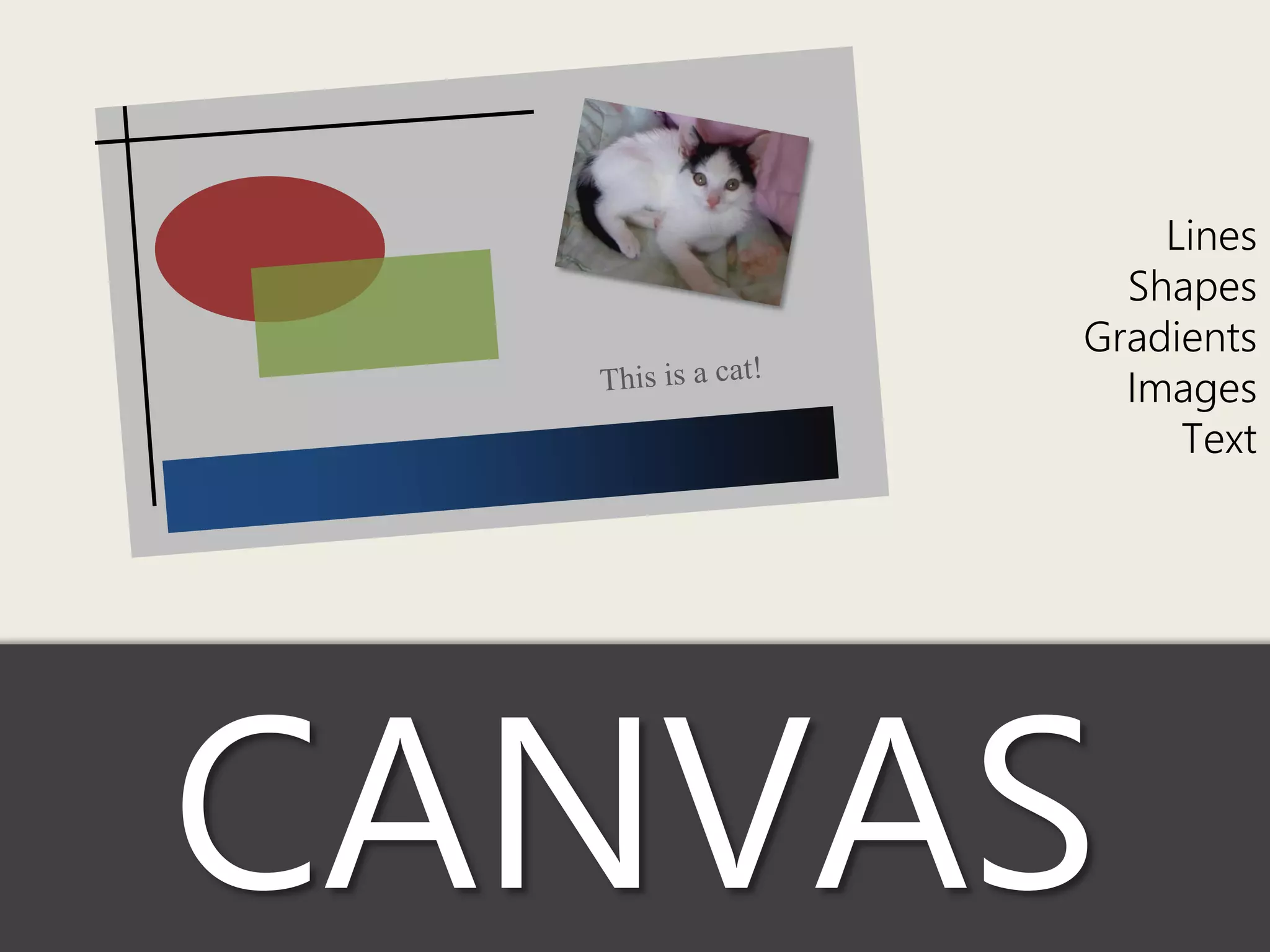 Lines
       Shapes
     Gradients
       Images
          Text




CANVAS
 