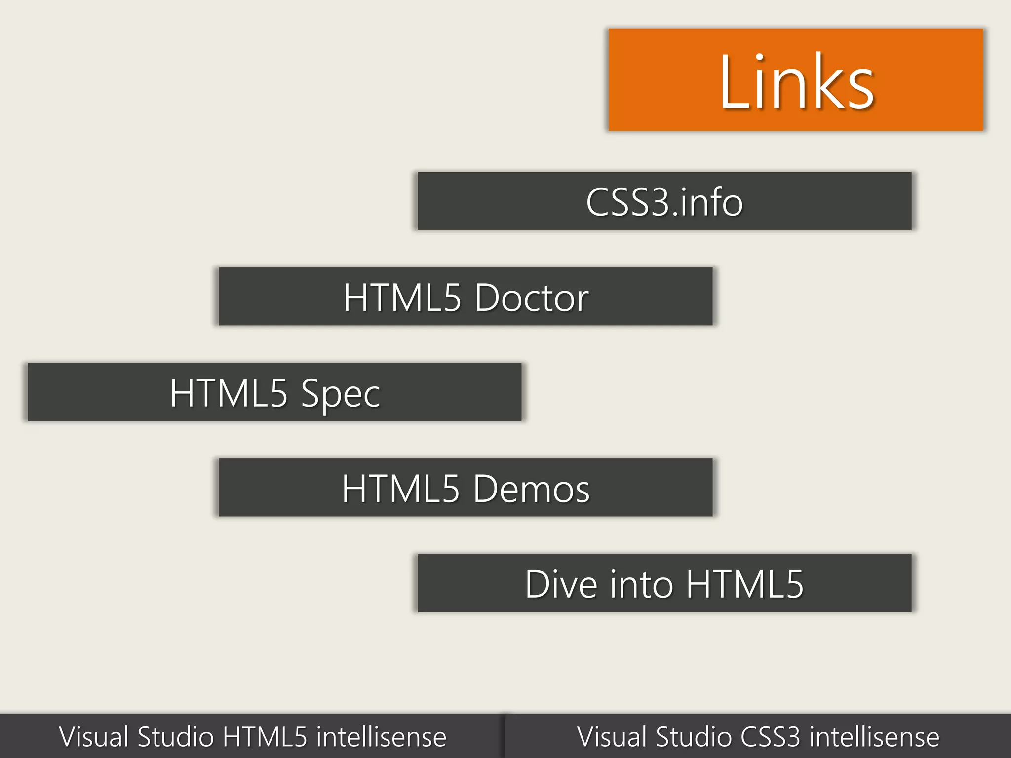 Links
                                      CSS3.info

                       HTML5 Doctor

         HTML5 Spec

                       HTML5 Demos

                                   Dive into HTML5


Visual Studio HTML5 intellisense     Visual Studio CSS3 intellisense
 