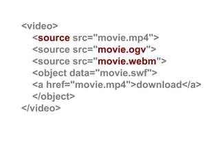 <video> <source src="movie.mp4"> <source src="movie.ogv"> <source src="movie.webm"><object data="movie.swf"> <a href="movie.mp4">download</a> </object></video>