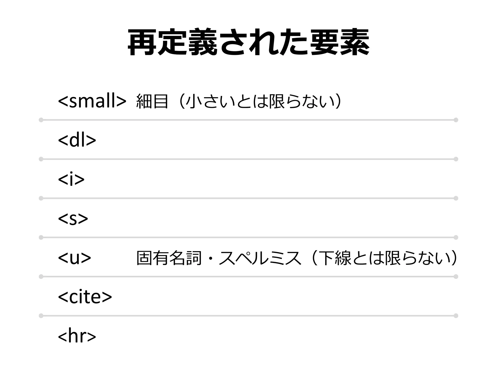 再定義された要素
<small>   細目（小さいとは限らない）

<dl>
<i>
<s>
<u>       固有名詞・スペルミス（下線とは限らない）

<cite>
<hr>
 