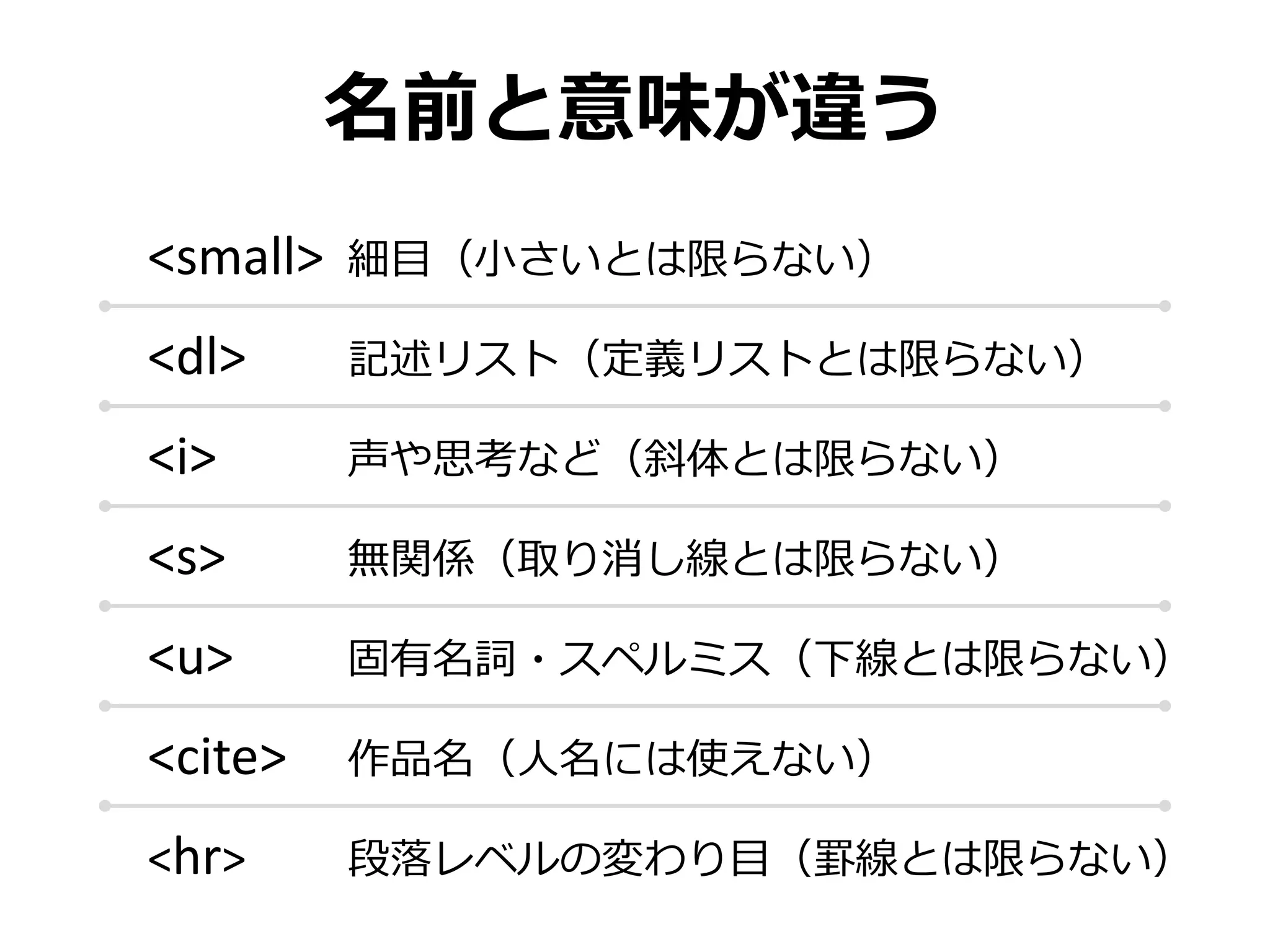 名前と意味が違う
<small>   細目（小さいとは限らない）

<dl>      記述リスト（定義リストとは限らない）

<i>       声や思考など（斜体とは限らない）

<s>       無関係（取り消し線とは限らない）

<u>       固有名詞・スペルミス（下線とは限らない）

<cite>    作品名（人名には使えない）

<hr>      段落レベルの変わり目（罫線とは限らない）
 