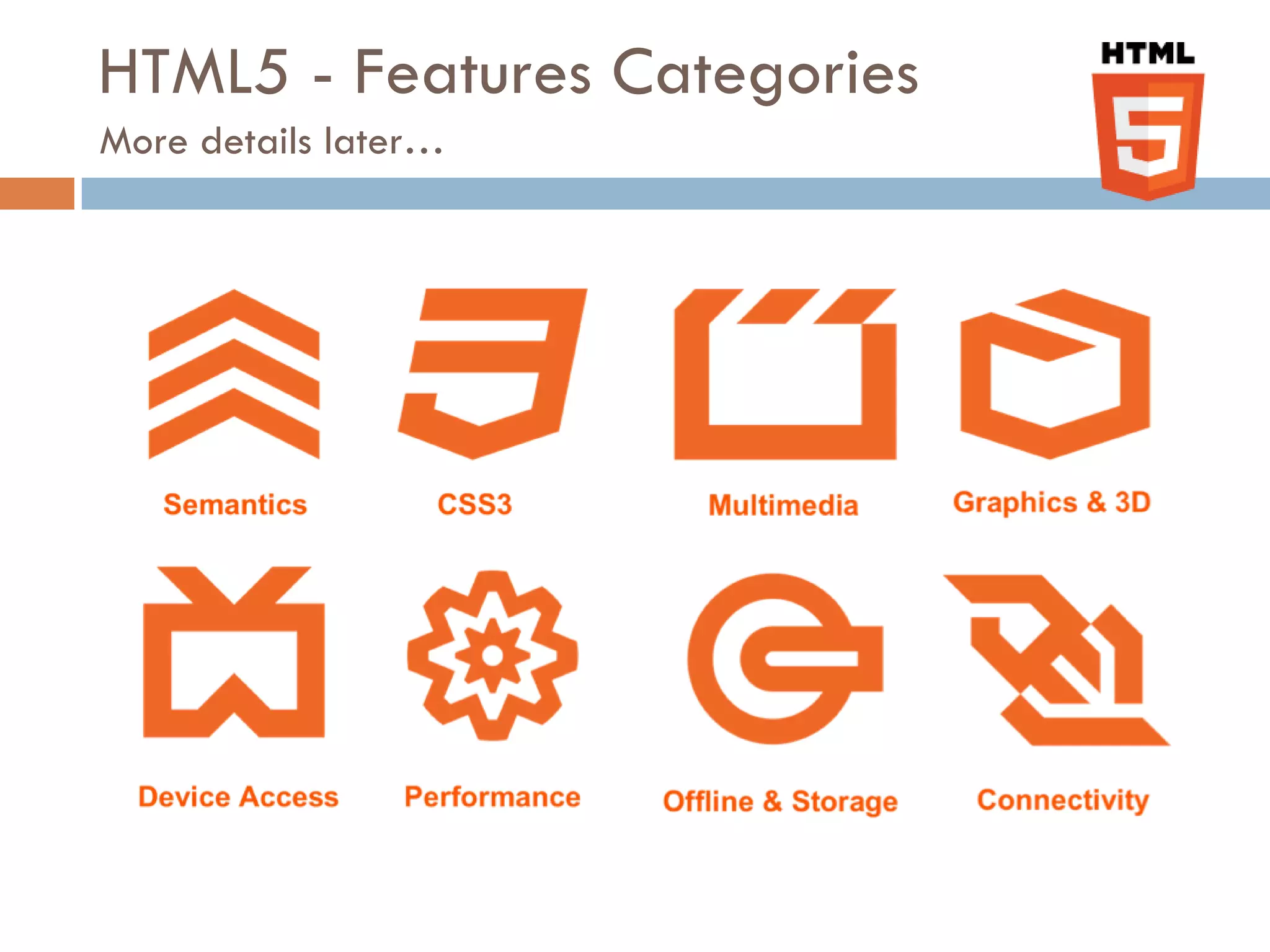 HTML5 - Features Categories
More details later…
 