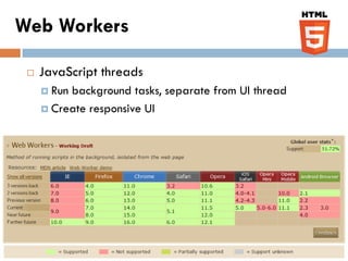 Web Workers

    JavaScript threads
      Runbackground tasks, separate from UI thread
      Create responsive UI
 