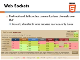 Web Sockets

   Bi-directional, full-duplex communications channels over
    TCP
       Currently disabled in some browsers due to security issues
 