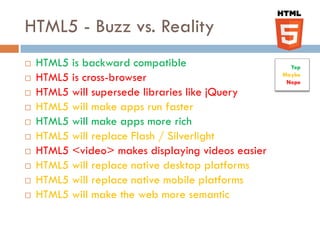 HTML5 - Buzz vs. Reality
   HTML5 is backward compatible                     Yep
   HTML5 is cross-browser                         Maybe
                                                    Nope
   HTML5 will supersede libraries like jQuery
   HTML5 will make apps run faster
   HTML5 will make apps more rich
   HTML5 will replace Flash / Silverlight
   HTML5 <video> makes displaying videos easier
   HTML5 will replace native desktop platforms
   HTML5 will replace native mobile platforms
   HTML5 will make the web more semantic
 