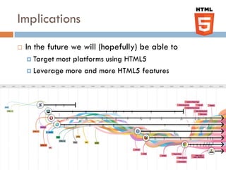 Implications
   In the future we will (hopefully) be able to
     Targetmost platforms using HTML5
     Leverage more and more HTML5 features
 