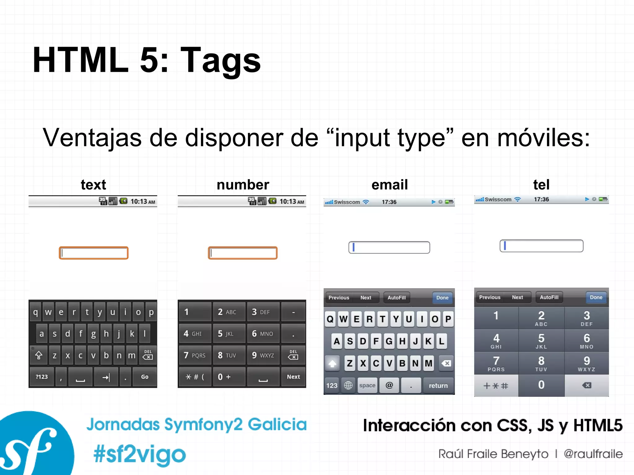 HTML 5: Tags Ventajas de disponer de “input type” en móviles: text number email tel 