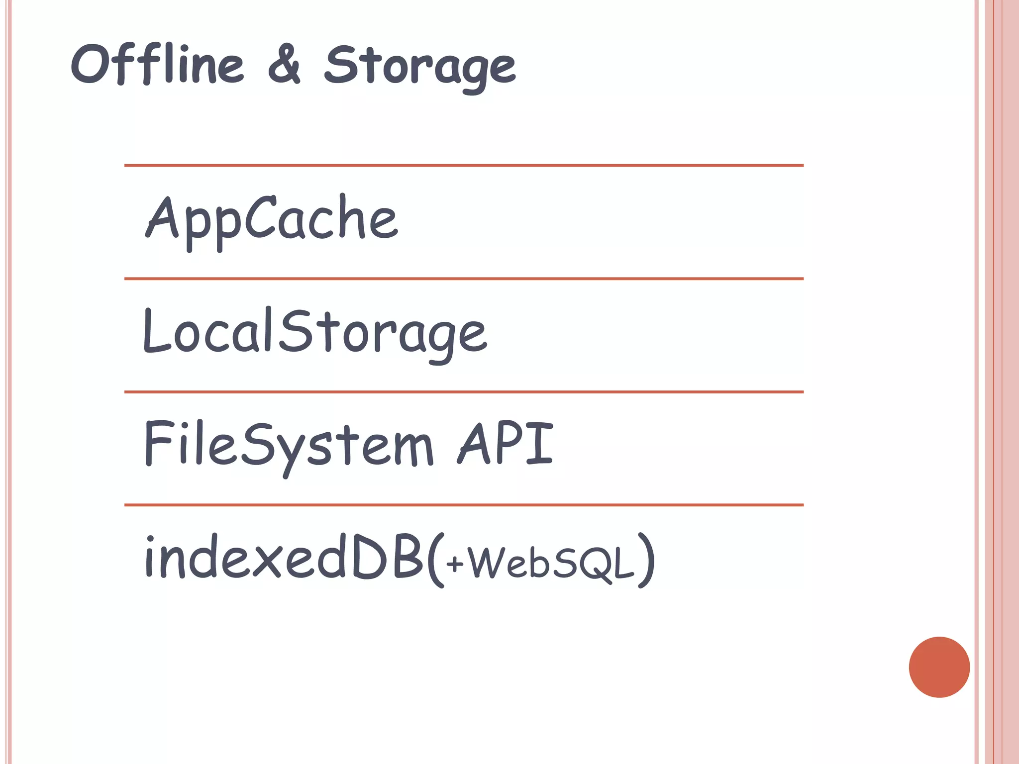 Offline & Storage
AppCache
LocalStorage
FileSystem API
indexedDB(+WebSQL)
 