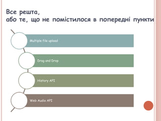 Все решта,
або те, що не помістилося в попередні пункти
Multiple file upload
Drag and Drop
History API
Web Audio API
 