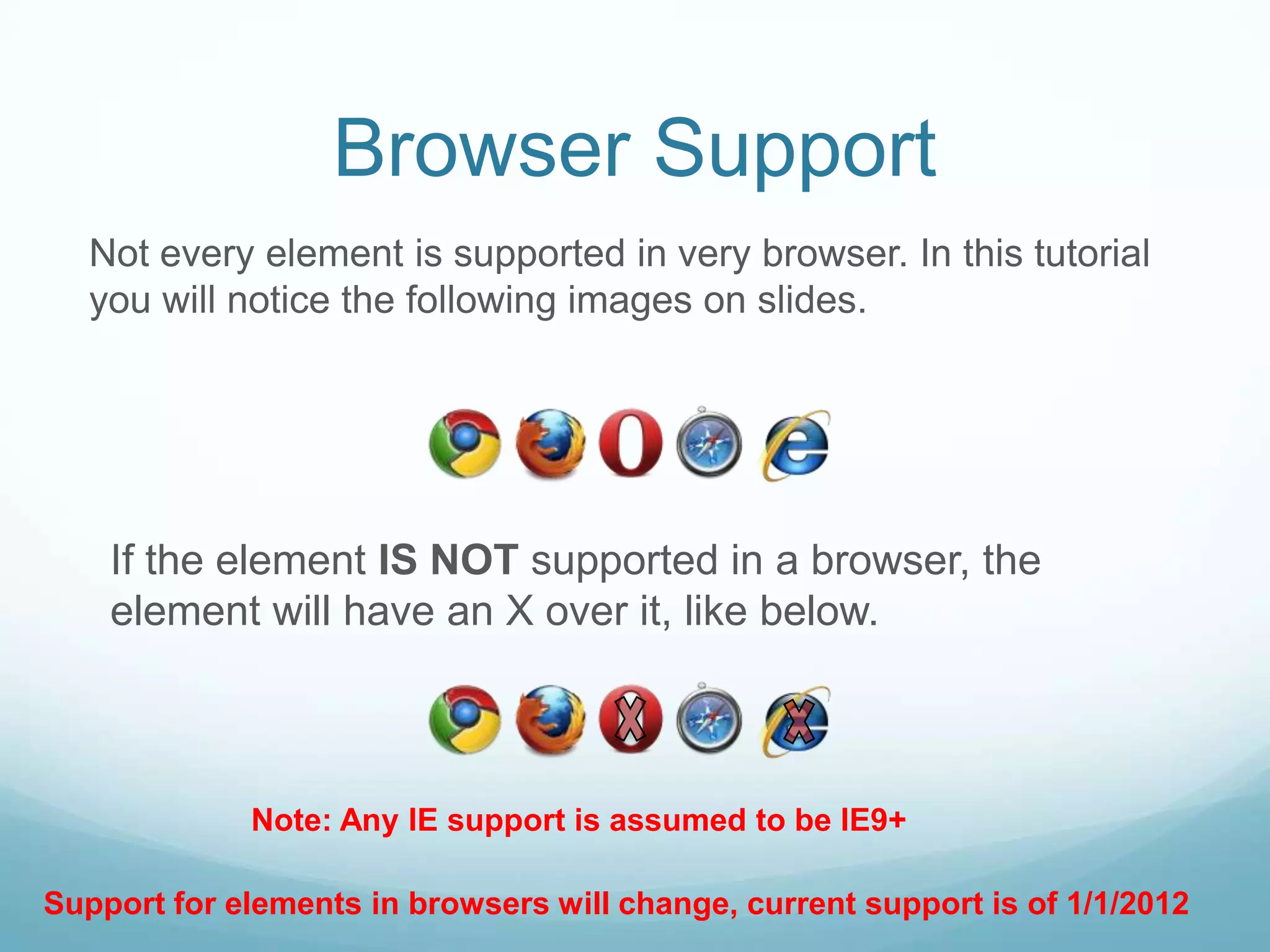 Browser Support
   Not every element is supported in very browser. In this tutorial
   you will notice the following images on slides.




    If the element IS NOT supported in a browser, the
    element will have an X over it, like below.



             Note: Any IE support is assumed to be IE9+

Support for elements in browsers will change, current support is of 1/1/2012
 