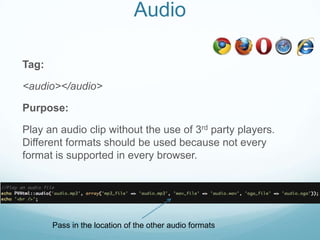 Audio

Tag:

<audio></audio>

Purpose:

Play an audio clip without the use of 3rd party players.
Different formats should be used because not every
format is supported in every browser.




       Pass in the location of the other audio formats
 