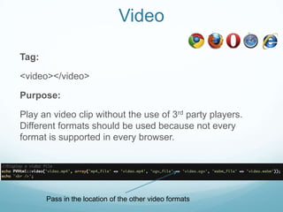 Video

Tag:

<video></video>

Purpose:

Play an video clip without the use of 3rd party players.
Different formats should be used because not every
format is supported in every browser.




       Pass in the location of the other video formats
 