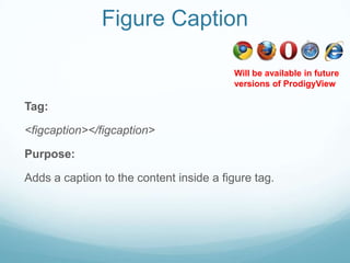 Figure Caption

                                         Will be available in future
                                         versions of ProdigyView

Tag:

<figcaption></figcaption>

Purpose:

Adds a caption to the content inside a figure tag.
 