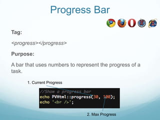 Progress Bar

Tag:

<progress></progress>

Purpose:

A bar that uses numbers to represent the progress of a
task.

       1. Current Progress




                               2. Max Progress
 