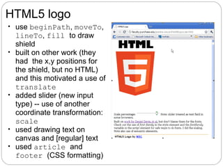 HTML5 logo
• use beginPath, moveTo,
    lineTo, fill to draw
    shield
•   built on other work (they
    had the x,y positions for
    the shield, but no HTML)
    and this motivated a use of
    translate
•   added slider (new input
    type) -- use of another
    coordinate transformation:
    scale
•   used drawing text on
    canvas and [regular] text
•   used article and
    footer (CSS formatting)
 
