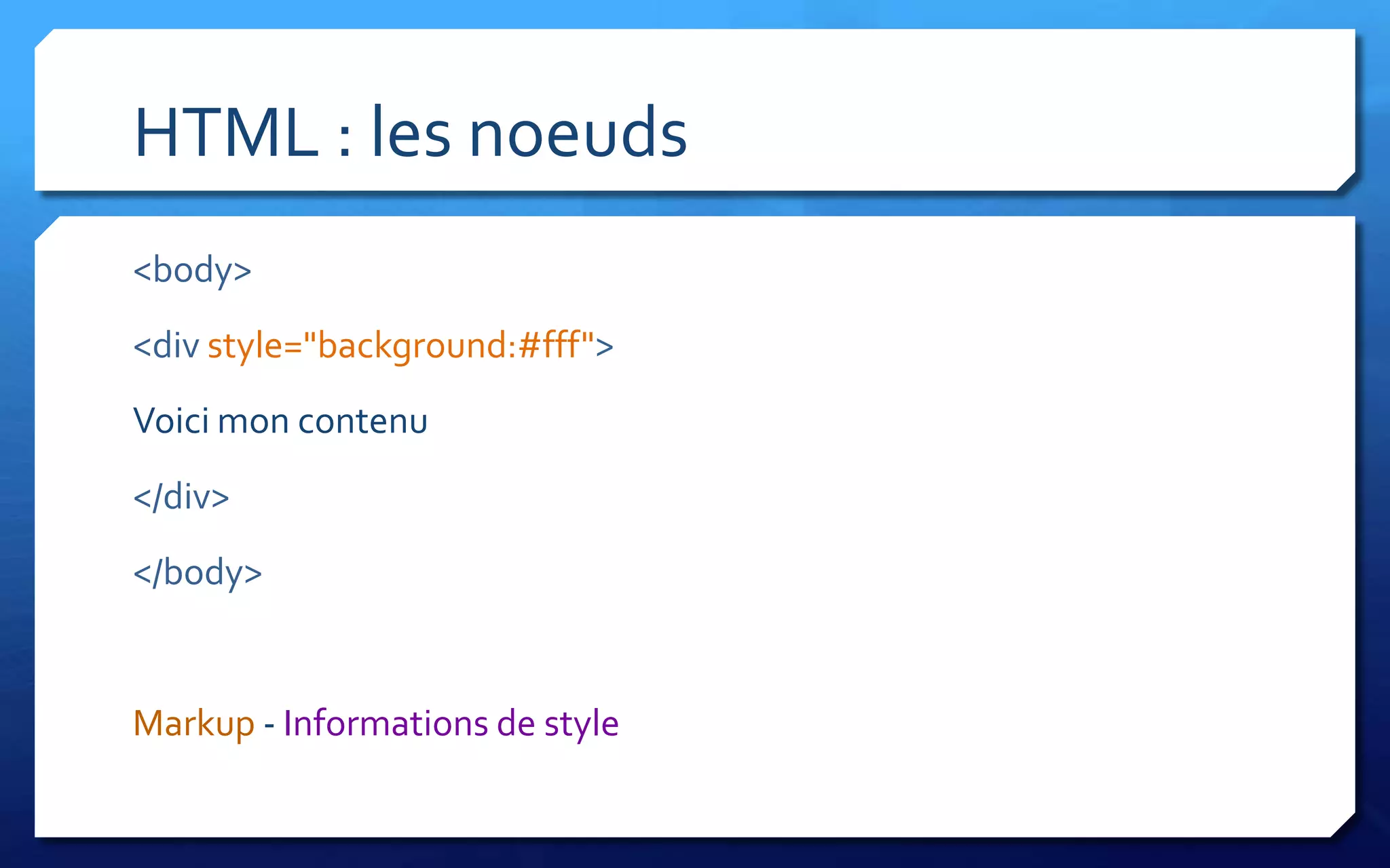HTML : les noeuds
<body>
<div style="background:#fff">
Voici mon contenu
</div>
</body>


Markup - Informations de style
 