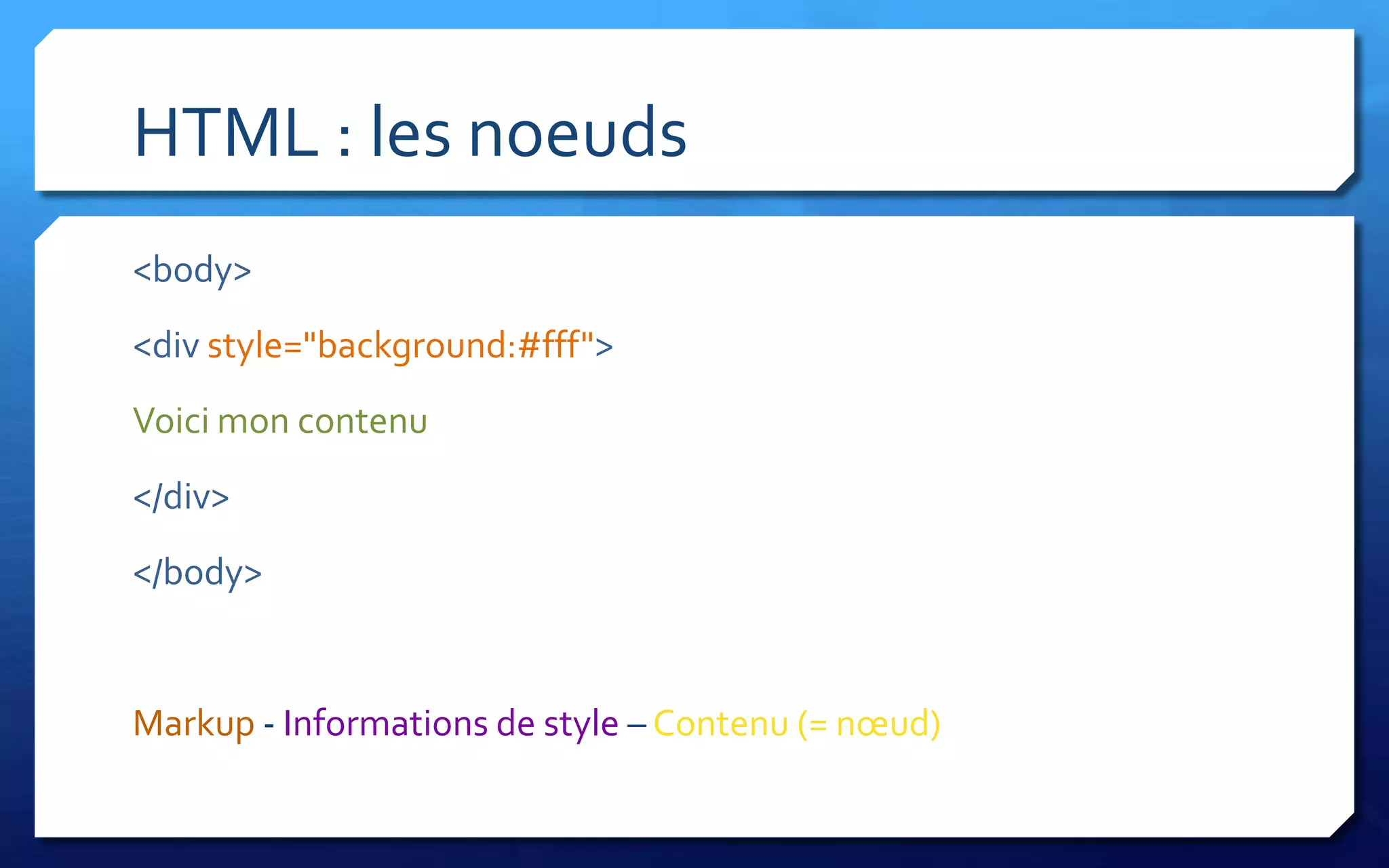 HTML : les noeuds
<body>
<div style="background:#fff">
Voici mon contenu
</div>
</body>


Markup - Informations de style – Contenu (= nœud)
 