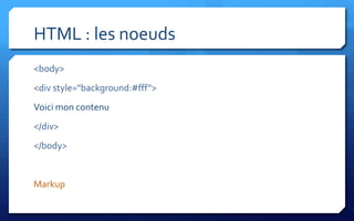 HTML : les noeuds
<body>
<div style="background:#fff">
Voici mon contenu
</div>
</body>


Markup
 