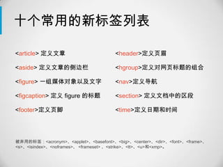 十个常用的新标签列表

<article> 定义文章                        <header>定义页眉

<aside> 定义文章的侧边栏                      <hgroup>定义对网页标题的组合

<figure> 一组媒体对象以及文字                   <nav>定义导航

<figcaption> 定义 figure 的标题            <section> 定义文档中的区段

<footer>定义页脚                          <time>定义日期和时间




被弃用的标签：<acronym>、<applet>、<basefont>、<big>、<center>、<dir>、<font>、<frame>、
<s>、<isindex>、<noframes>、 <frameset> 、<strike>、<tt>、<u>和<xmp>。
 