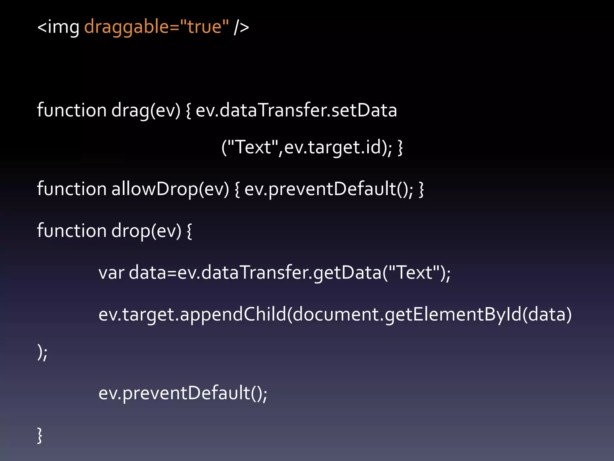 <img draggable="true" />



function drag(ev) { ev.dataTransfer.setData
                      ("Text",ev.target.id); }

function allowDrop(ev) { ev.preventDefault(); }

function drop(ev) {

       var data=ev.dataTransfer.getData("Text");

       ev.target.appendChild(document.getElementById(data)
);

       ev.preventDefault();

}
 