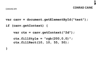 CANVAS API




var canv = document.getElementById("test");
if (canv.getContext) {

      var ctx = canv.getContext("2d");
      ctx.fillStyle = "rgb(200,0,0)";
      ctx.fillRect(10, 10, 55, 50);
}
 