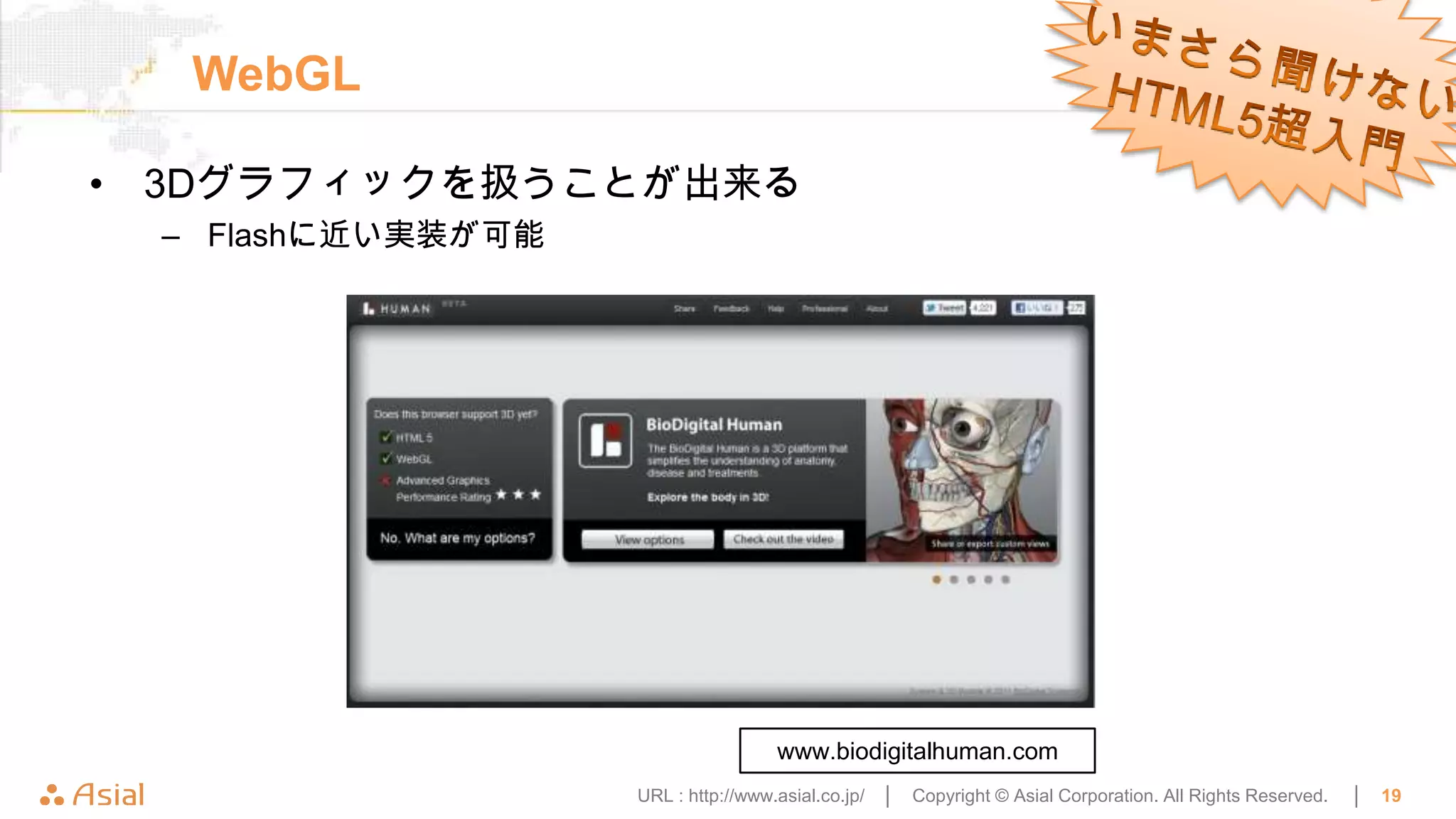 WebGL

• 3Dグラフィックを扱うことが出来る
 – Flashに近い実装が可能




                                   www.biodigitalhuman.com
                   URL : http://www.asial.co.jp/ │   Copyright © Asial Corporation. All Rights Reserved.   │   19
 
