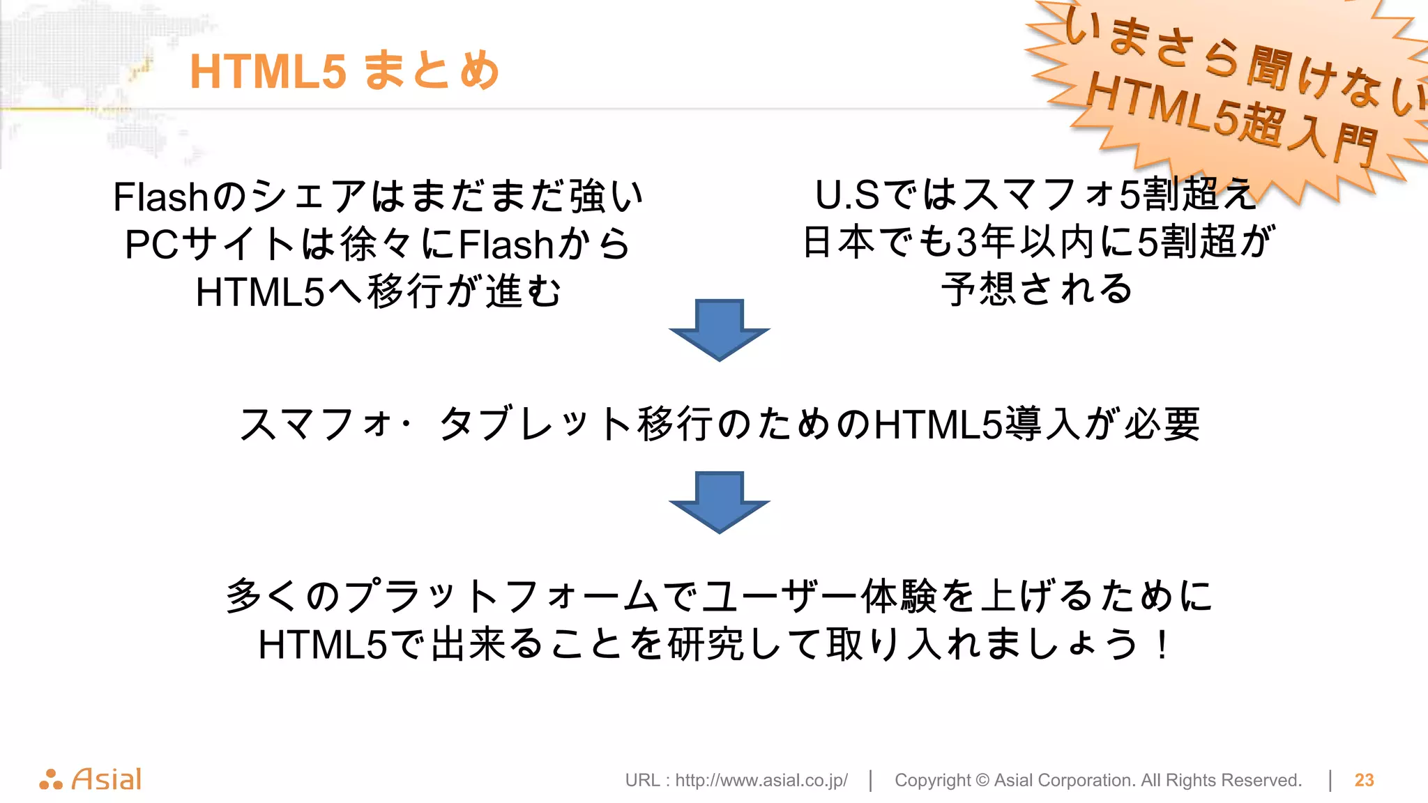 HTML5 まとめ

Flashのシェアはまだまだ強い                    U.Sではスマフォ5割超え
PCサイトは徐々にFlashから                    日本でも3年以内に5割超が
    HTML5へ移行が進む                         予想される


   スマフォ・タブレット移行のためのHTML5導入が必要



   多くのプラットフォームでユーザー体験を上げるために
    HTML5で出来ることを研究して取り入れましょう！


               URL : http://www.asial.co.jp/ │   Copyright © Asial Corporation. All Rights Reserved.   │   23
 