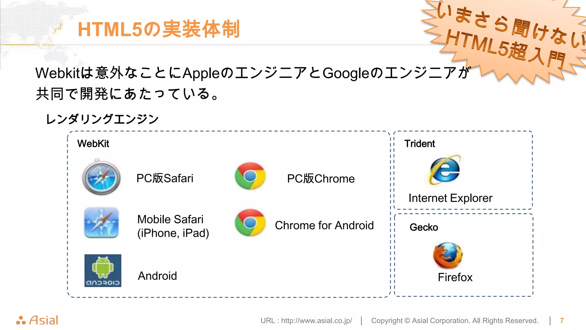 HTML5の実装体制

Webkitは意外なことにAppleのエンジニアとGoogleのエンジニアが
共同で開発にあたっている。
レンダリングエンジン

   WebKit                                                                Trident


            PC版Safari               PC版Chrome
                                                                          Internet Explorer
            Mobile Safari
                                 Chrome for Android                       Gecko
            (iPhone, iPad)


            Android                                                                Firefox


                             URL : http://www.asial.co.jp/ │   Copyright © Asial Corporation. All Rights Reserved.   │   7
 