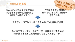 HTML5 まとめ

Flashのシェアはまだまだ強い                    U.Sではスマフォ5割超え
PCサイトは徐々にFlashから                    日本でも3年以内に5割超が
    HTML5へ移行が進む                         予想される


   スマフォ・タブレット移行のためのHTML5導入が必要



   多くのプラットフォームでユーザー体験を上げるために
    HTML5で出来ることを研究して取り入れましょう！


               URL : http://www.asial.co.jp/ │   Copyright © Asial Corporation. All Rights Reserved.   │   23
 