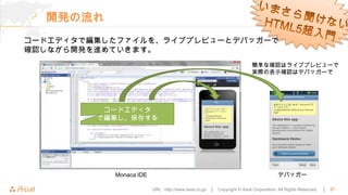 開発の流れ
コードエディタで編集したファイルを、ライブプレビューとデバッガーで
確認しながら開発を進めていきます。
                                                                           簡単な確認はライブプレビューで
                                                                           実際の表示確認はデバッガーで




          コードエディタ
         で編集し、保存する




           Monaca IDE                                                                   デバッガー

                        URL : http://www.asial.co.jp/ │   Copyright © Asial Corporation. All Rights Reserved.   │   27
 