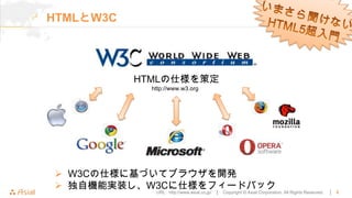 HTMLとW3C




           HTMLの仕様を策定
             http://www.w3.org




 W3Cの仕様に基づいてブラウザを開発
 独自機能実装し、W3Cに仕様をフィードバック
              URL : http://www.asial.co.jp/ │   Copyright © Asial Corporation. All Rights Reserved.   │   6
 