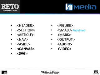 •   <HEADER>    •   <FIGURE>
•   <SECTION>   •   <SMALL> Redefined
•   <ARTICLE>   •   <MARK>
•   <NAV>       •   <OUTPUT>
•   <ASIDE>     •   <AUDIO>
•   <CANVAS>    •   <VIDEO>
•   <SVG>
 