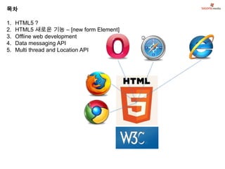 목차

1.   HTML5 ?
2.   HTML5 새로운 기능 – [new form Element]
3.   Offline web development
4.   Data messaging API
5.   Multi thread and Location API
 