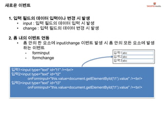 새로운 이벤트


 1. 입력 필드의 데이터 입력이나 변경 시 발생
     • input : 입력 필드의 데이터 입력 시 발생
     • change : 입력 필드의 데이터 변경 시 발생

 2. 폼 내의 이벤트 연동
     • 폼 안의 한 요소에 input/change 이벤트 발생 시 폼 안의 모든 요소에 발생
       하는 이벤트
        - forminput
        - formchange

 입력1<input type="text" id="t1" /><br/>
 입력2<input type="text" id="t2"
        onForminput="this.value=document.getElementById('t1').value" /><br/>
 입력3<input type="text" id="t3"
        onForminput="this.value=document.getElementById('t1').value" /><br/>
 