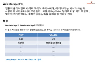 Web Storage(3/1)
 일종의 클리이언트 사이드 데이터 베이스이며, 이 데이터 는 서버가 아닌 각
 사용자의 브라우저에서 보관된다. 사용시 Key Value 형태로 저장 되기 때문에 ,
 별도의 쿼리문법이나 복잡한 메커니즘을 이해하지 않아도 된다.

특징
 Localstorage 와 Sessionstorage로 구분된다.

 이 둘의 차이점은 브라우저가 완전히 종료되고 난 후에도 데이터가 유지 되는가?의 차이다.

             KEY                          VALUE
             age                             30
            name                        Hong kil dong
              …                              …
              …                              …
              …                              …

  JAVA Map CLASS 의 KEY / VALUE 형태
 