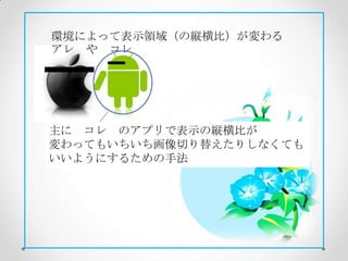 環境によって表示領域（の縦横比）が変わる
アレ や コレ




主に コレ のアプリで表示の縦横比が
変わってもいちいち画像切り替えたりしなくても
いいようにするための手法
 