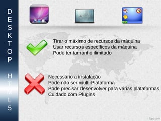 D
E
S
K
      Tirar o máximo de recursos da máquina
T     Usar recursos específicos da máquina
O     Pode ter tamanho ilimitado
P

H   Necessário a instalação
T   Pode não ser multi-Plataforma
    Pode precisar desenvolver para várias plataformas
M   Cuidado com Plugins
L
5
 