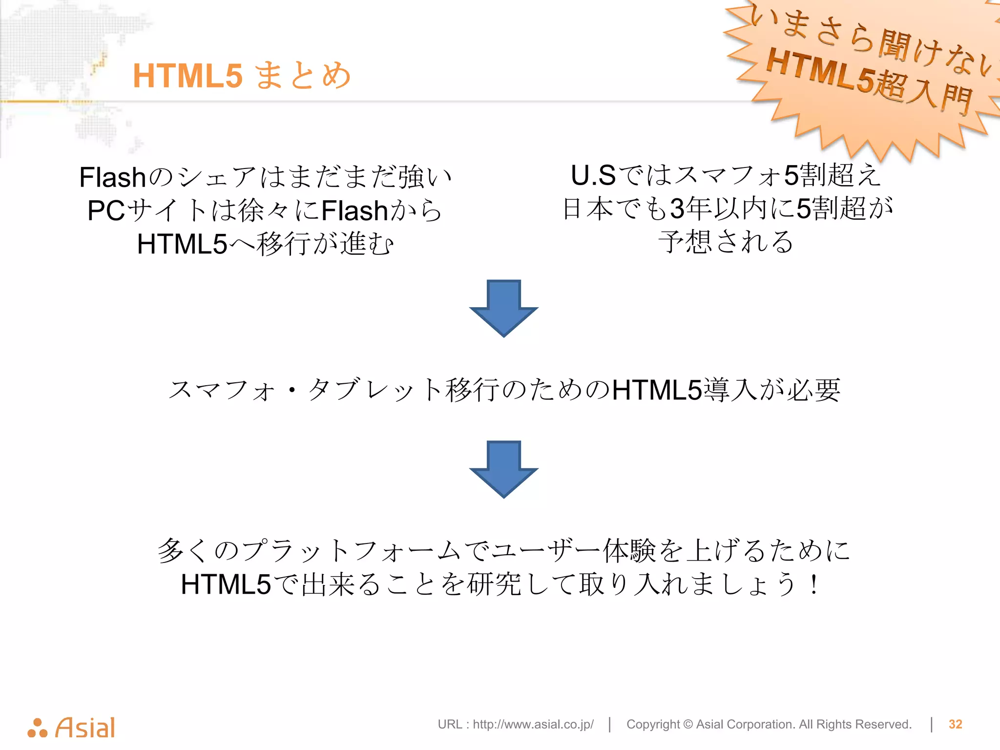HTML5 まとめ

Flashのシェアはまだまだ強い                    U.Sではスマフォ5割超え
PCサイトは徐々にFlashから                    日本でも3年以内に5割超が
    HTML5へ移行が進む                         予想される




   スマフォ・タブレット移行のためのHTML5導入が必要




   多くのプラットフォームでユーザー体験を上げるために
    HTML5で出来ることを研究して取り入れましょう！



               URL : http://www.asial.co.jp/ │   Copyright © Asial Corporation. All Rights Reserved.   │   32
 