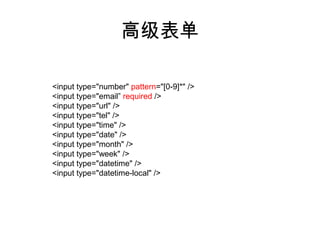 高级表单

<input type="number" pattern="[0-9]*" />
<input type="email” required />
<input type="url" />
<input type="tel" />
<input type="time" />
<input type="date" />
<input type="month" />
<input type="week" />
<input type="datetime" />
<input type="datetime-local" />
 