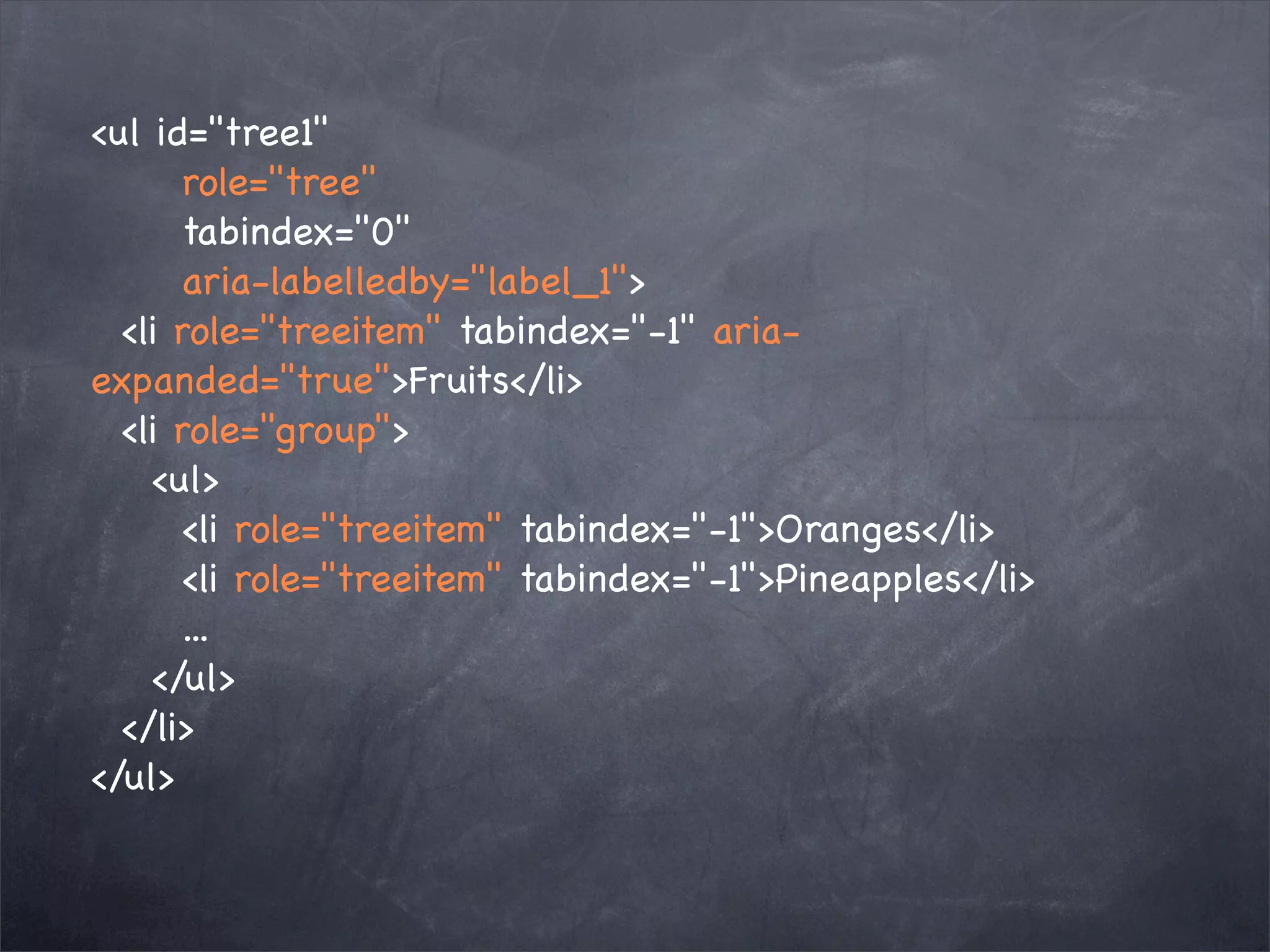 <ul id="tree1"
       role="tree"
       tabindex="0"
       aria-labelledby="label_1">
  <li role="treeitem" tabindex="-1" aria-
expanded="true">Fruits</li>
  <li role="group">
    <ul>
       <li role="treeitem" tabindex="-1">Oranges</li>
       <li role="treeitem" tabindex="-1">Pineapples</li>
       ...
    </ul>
  </li>
</ul>
 