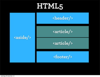 HTML5
                                   <header/>

                                    <article/>
                      <aside/>
                                    <article/>

                                    <footer/>


zaterdag 29 december 12
 