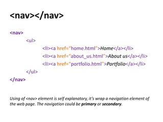 Html 5 Nav Elements Example Html 5 Semantics overview | PPTX