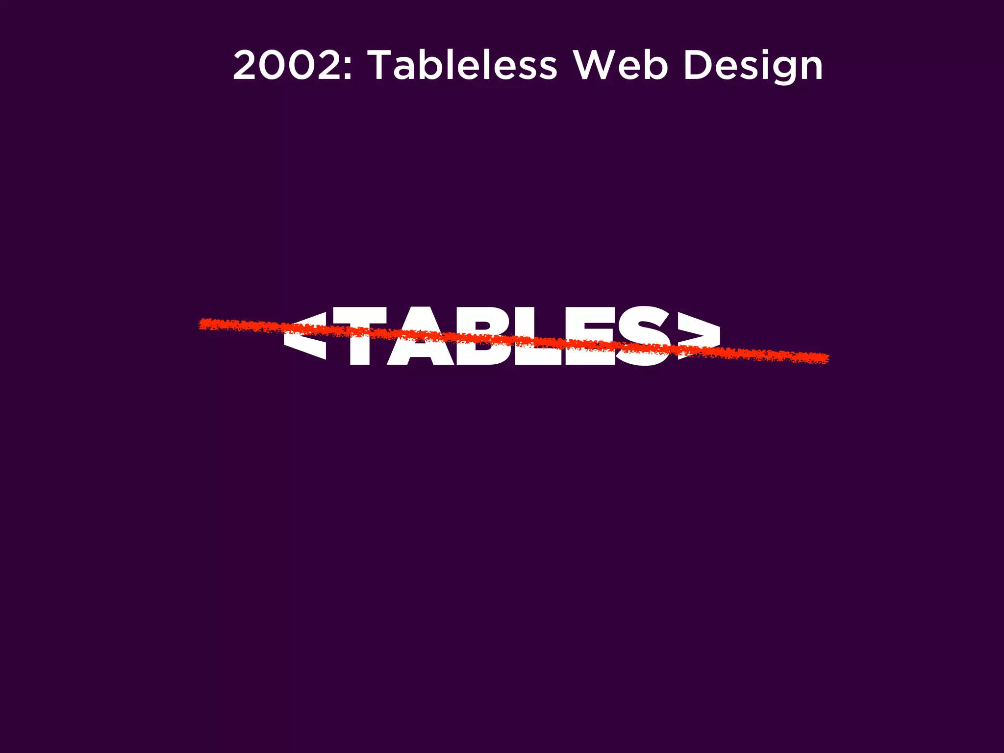 2002: Tableless Web Design




  <TABLES>
 